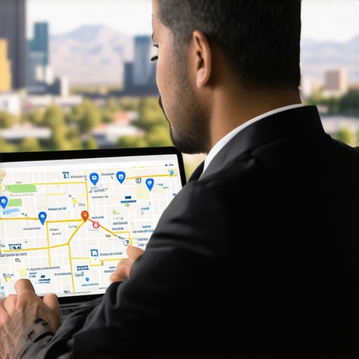 A person analyzing local SEO data with North Las Vegas landmarks in background