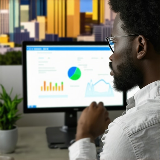 Digital marketer reviewing local SEO analytics with North Las Vegas landmarks.