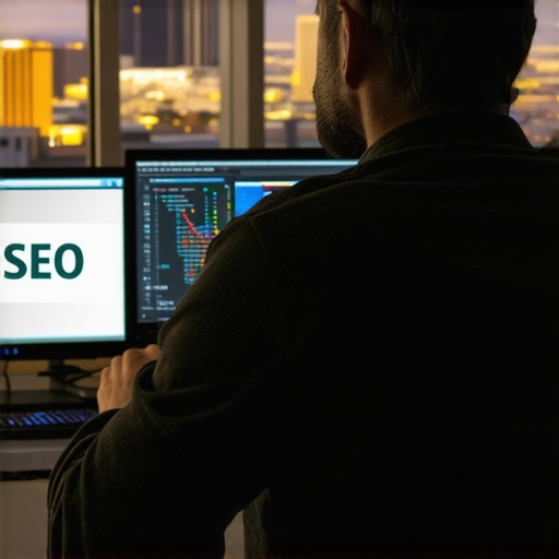 Business owner reviewing SEO analytics with North Las Vegas city view.