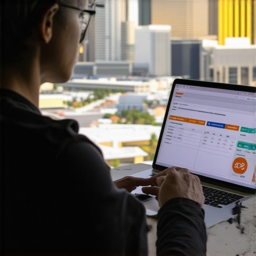 Analyzing Local SEO Data in North Las Vegas Person reviewing SEO analytics on a laptop with North Las Vegas cityscape