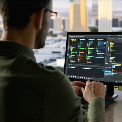 Business owner reviewing local SEO insights on a laptop with North Las Vegas cityscape behind