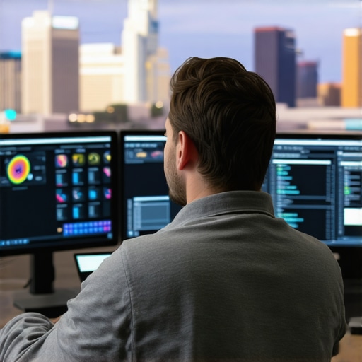 A person reviewing SEO analytics on computer screens with North Las Vegas landmarks in the background.