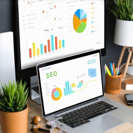 A workspace with SEO dashboard on screen, notebooks, and a laptop showing analytics for local SEO management.