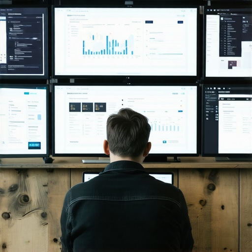 A person analyzing SEO performance metrics on multiple monitors for North Las Vegas business