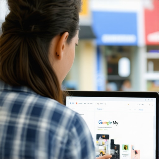 Business owner working on Google My Business profile on laptop with North Las Vegas storefront