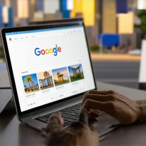 Person editing Google My Business profile on laptop with North Las Vegas cityscape