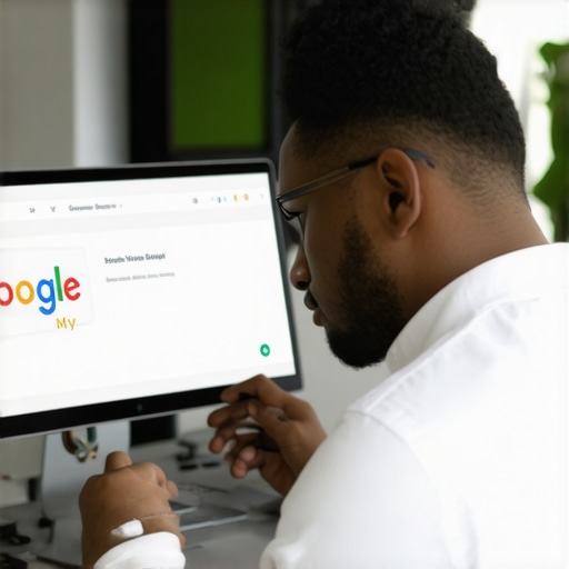Business owner updating Google My Business profile on laptop