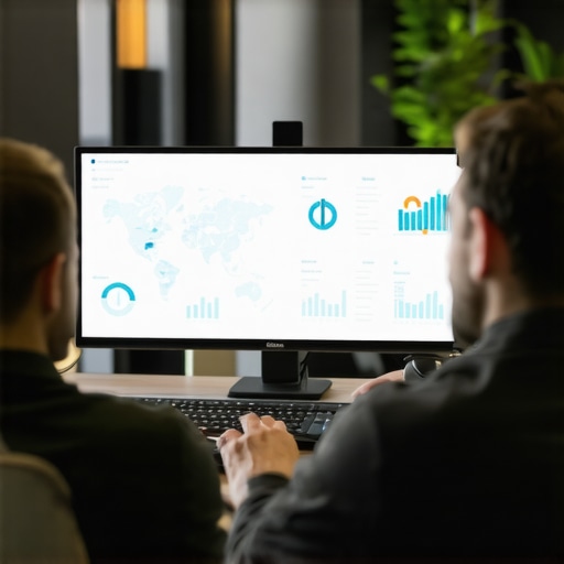 Person reviewing local SEO and Google Maps analytics on computer screens in an office.