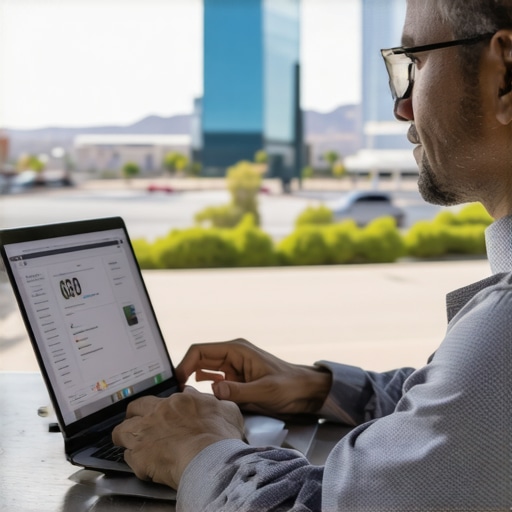 Business owner reviewing SEO analytics on laptop with city skyline.