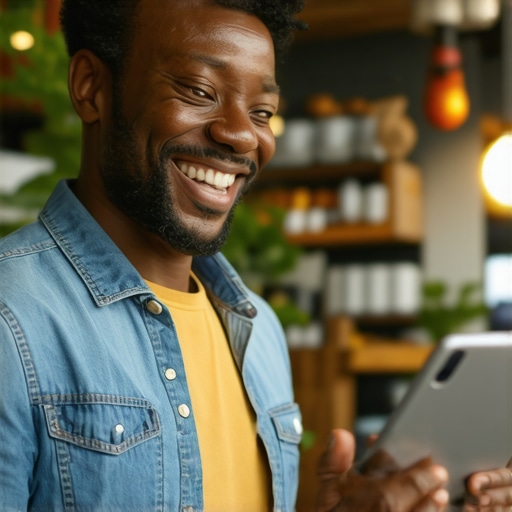 Business owner collecting reviews from happy customer on tablet.