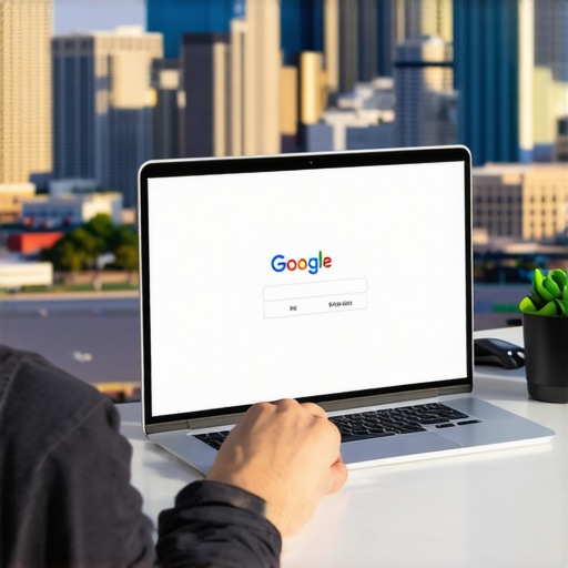 A person editing a Google My Business profile on a laptop with North Las Vegas cityscape