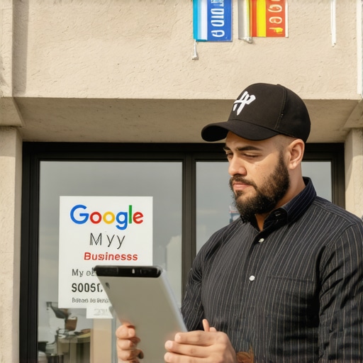 Business owner updating GMB profile on tablet in North Las Vegas shop.