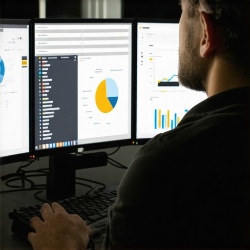 Person analyzing SEO data on multiple screens to maintain local search rankings.