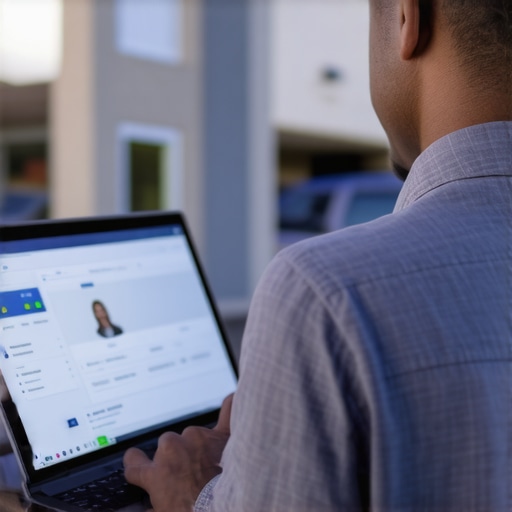 Optimizing Your GMB Profile in North Las Vegas Business owner updating Google My Business profile on laptop with North Las Vegas storefront in background.