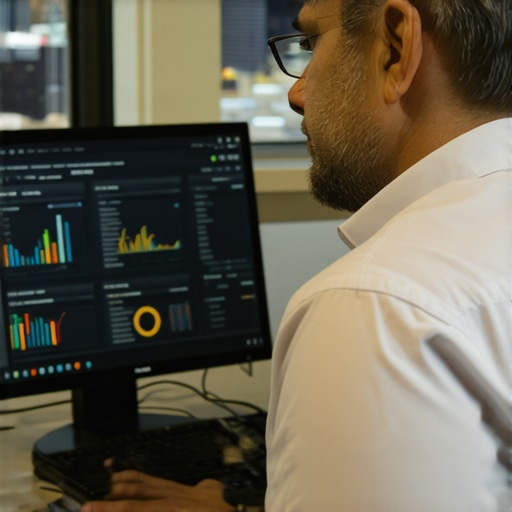 Business professional reviewing local SEO analytics with North Las Vegas cityscape