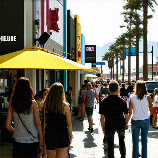Crowded street with diverse businesses and pedestrians in North Las Vegas.