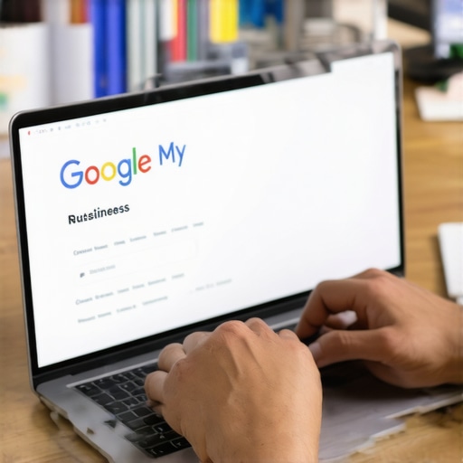 Person updating Google My Business listing on laptop with North Las Vegas landmarks.