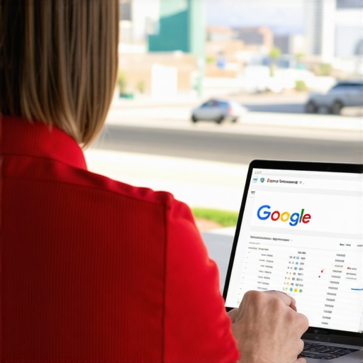 Business owner analyzing Google My Business profile with North Las Vegas cityscape in background.