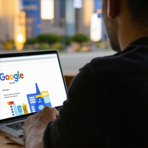 Business owner updating Google My Business profile on a laptop with North Las Vegas landmarks.