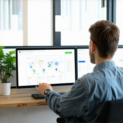 A person analyzing SEO metrics on computer screens showing maps and analytics dashboards