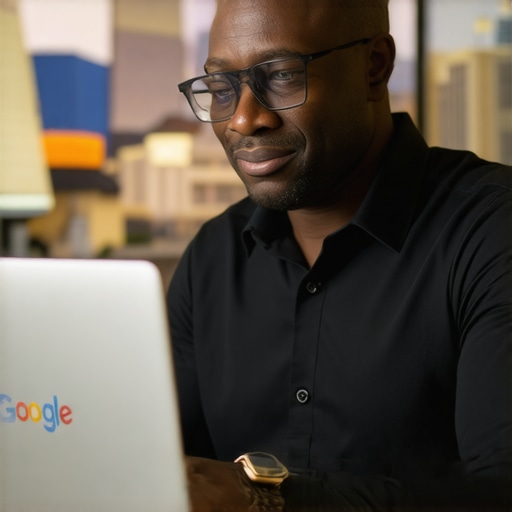 Business owner updating Google My Business profile on laptop with North Las Vegas landmarks
