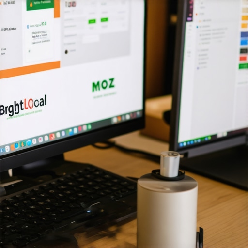 A workspace with multiple screens displaying SEO analysis tools for local Nevada businesses