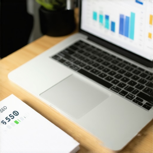 A workspace with SEO software on a laptop, notes, and analytics charts for local business optimization