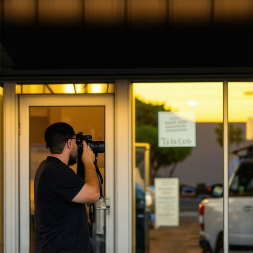 Photographer capturing a well-lit business storefront in North Las Vegas.