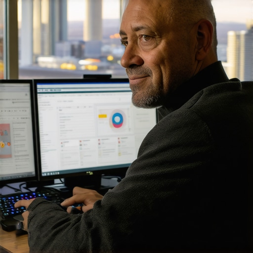 Person managing local SEO with tools, city skyline