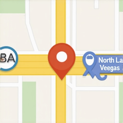 Digital map highlighting a business location in North Las Vegas with proximity indicators