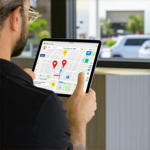 Business owner analyzing Google Maps profile on tablet with map pins and review flags