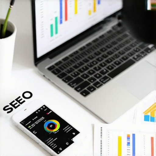 A workspace showing digital marketing tools and analytics on a laptop screen.